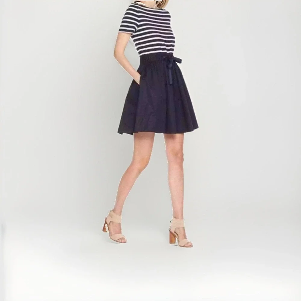 Kate Spade Broome Street Stripe Knit Mixed Media Dress Size XL Navy & White
